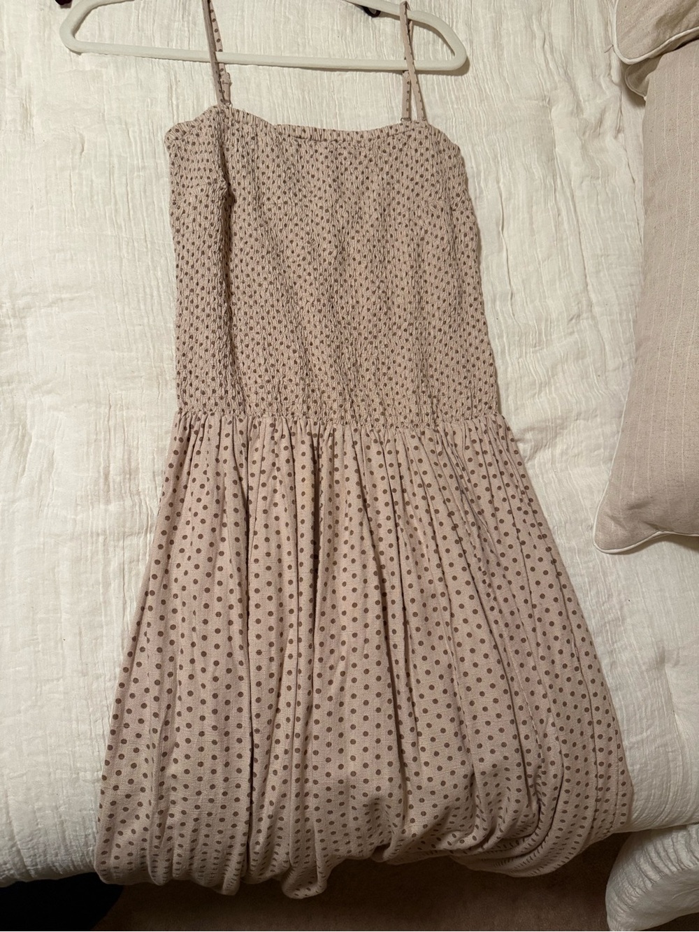 Smocked Polka Dot Spaghetti Strap Dress in Mauve